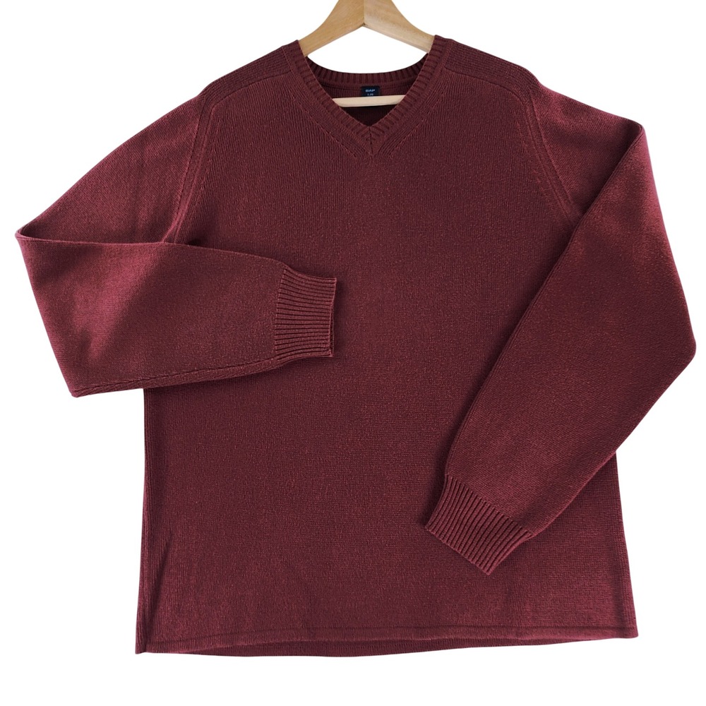 Vtg Gap V-Neck Sweater Mens Large Burgundy Classic Fit 100% Cotton Long Sleeve